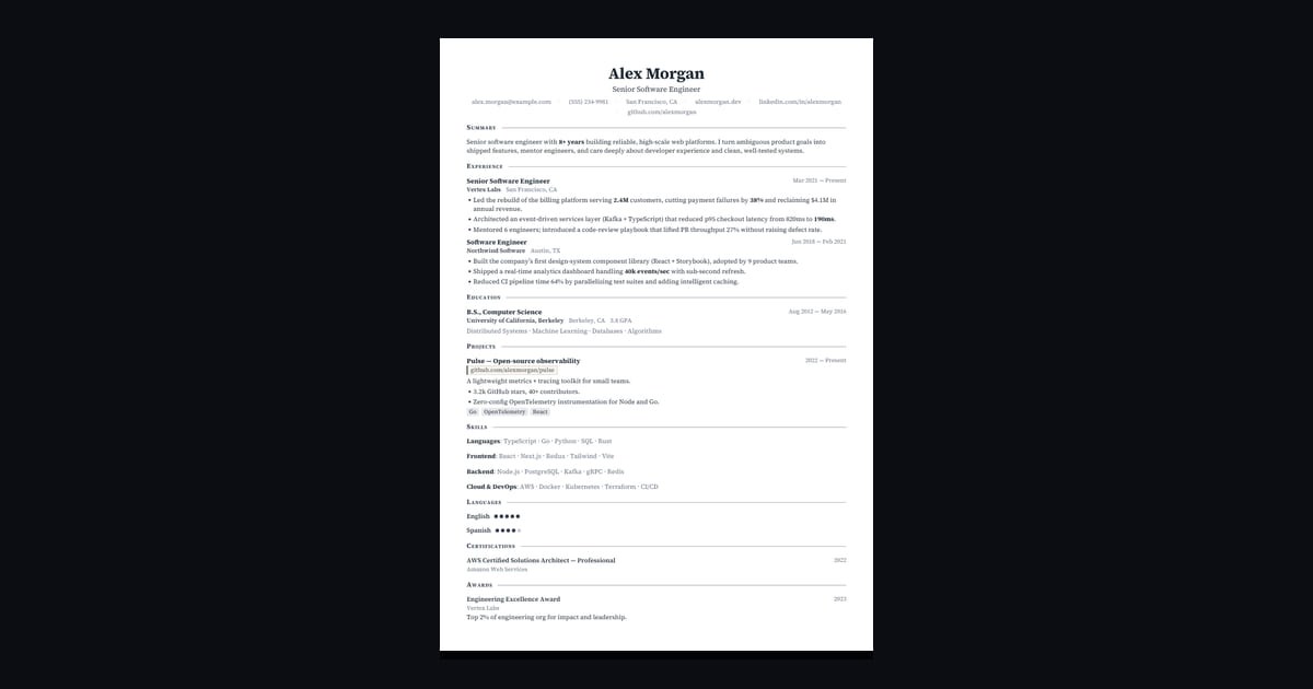 Academia résumé template: A scholarly serif CV with room for publications. Built for academia.