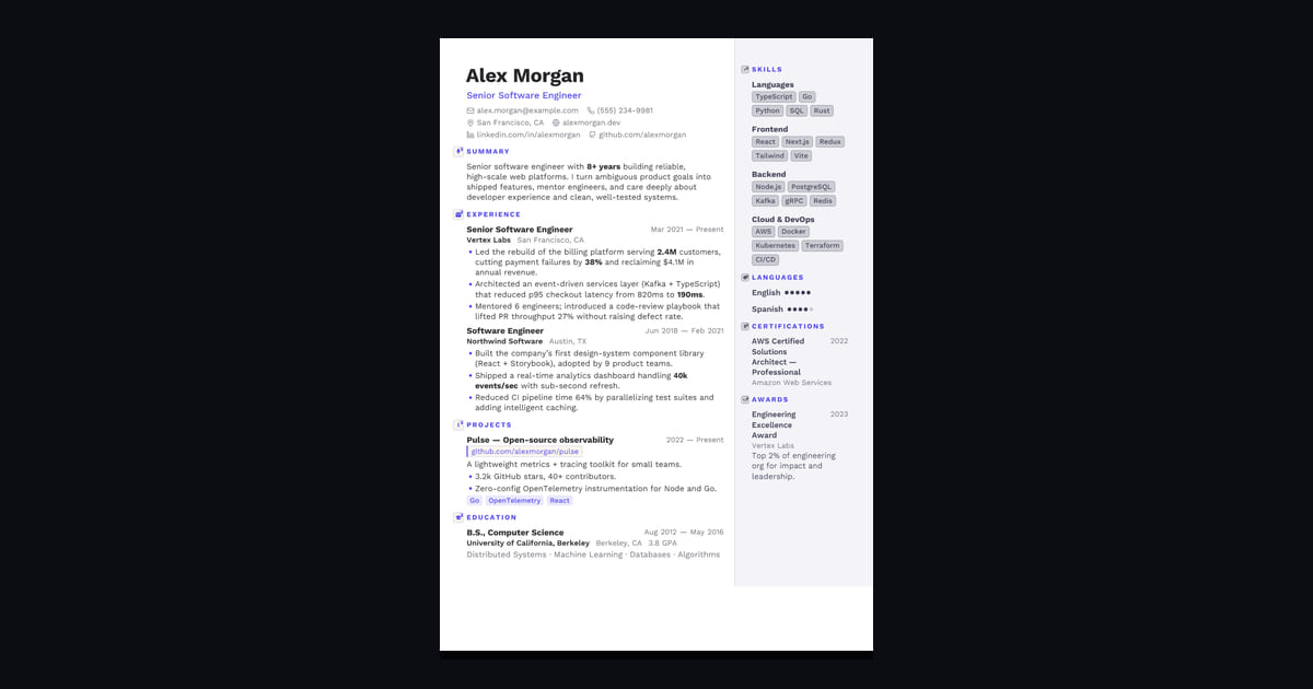 Linen résumé template: A soft right sidebar keeps the focus on your story, then your skills.