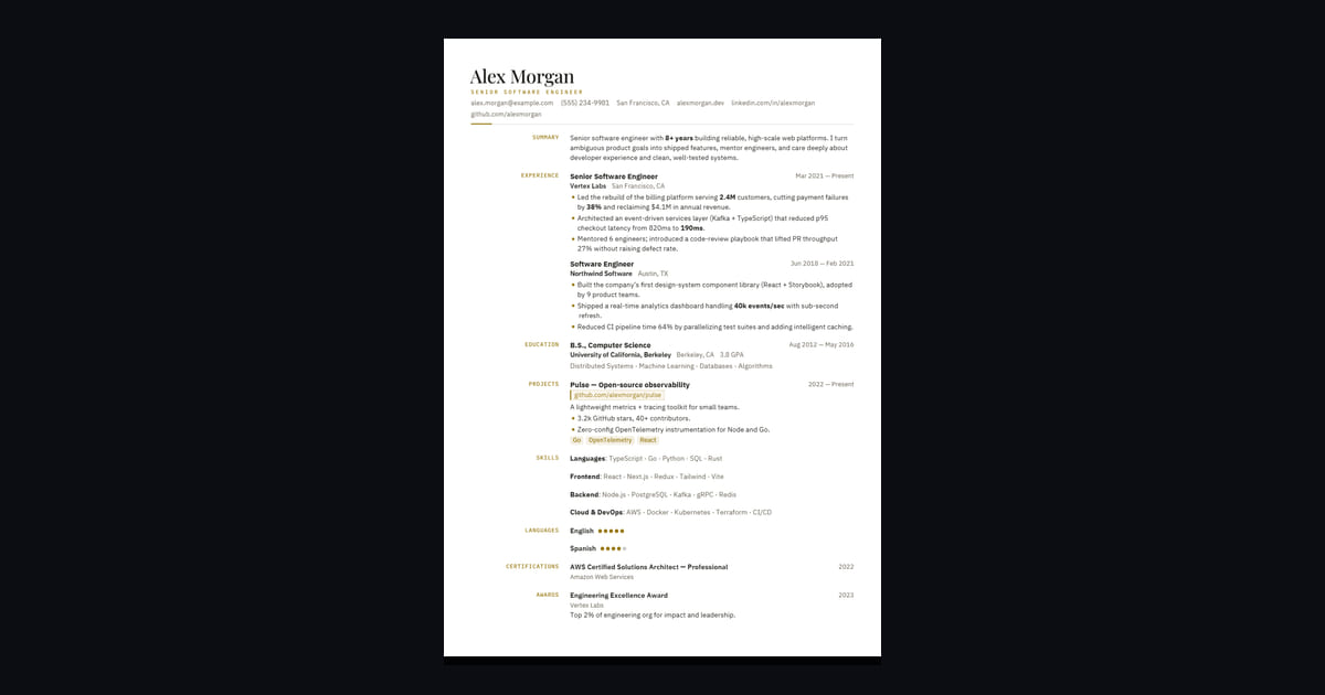 Atelier résumé template: Couture editorial: a Playfair serif name over a gold monospace tagline, gold gutter labels, and a single…