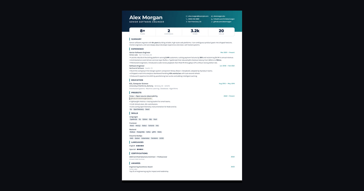 Atlas résumé template: A dashboard: a navy-to-teal band carries the name, a row of numbers the app reads from your content sits…