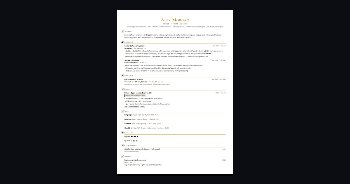 Aurum Editorial résumé template: Editorial gold: Cormorant serif headings, a small-caps gold name, and a single hairline gold rule under each…