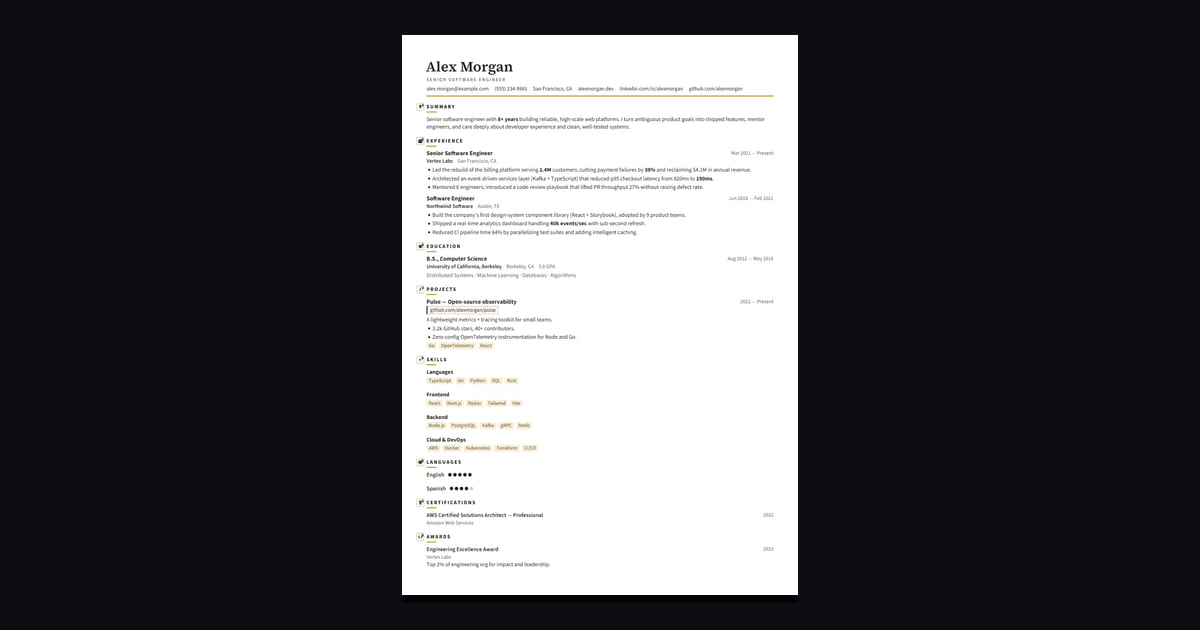 Aurum résumé template: Our signature. Editorial ink layout with a serif name and a hairline gold accent — premium and unmistakably…