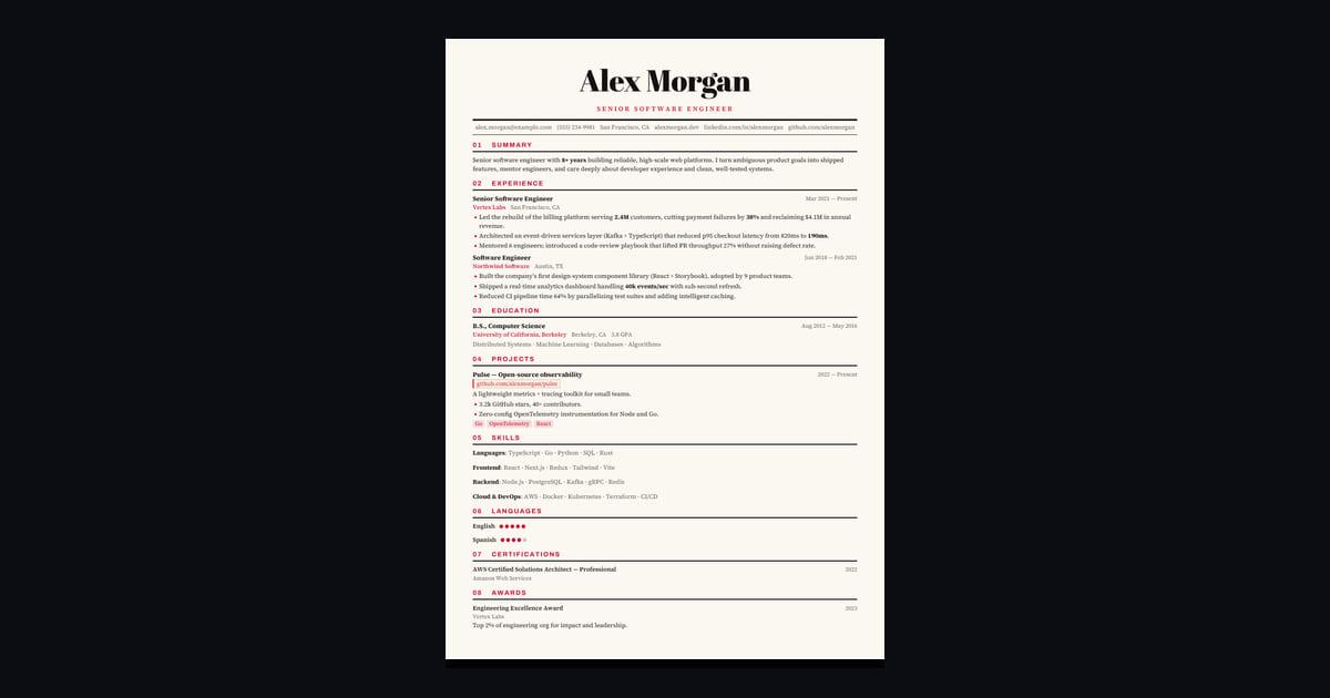 Broadsheet résumé template: A front page: the name set huge in a display serif across the whole width, a byline of contacts between…