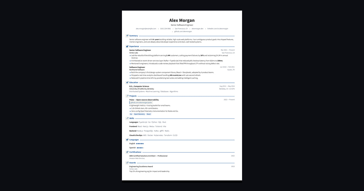 Cambridge résumé template: RenderCV-grade clean layout: Source Sans, navy accent, ruled headings, right-aligned dates. The…