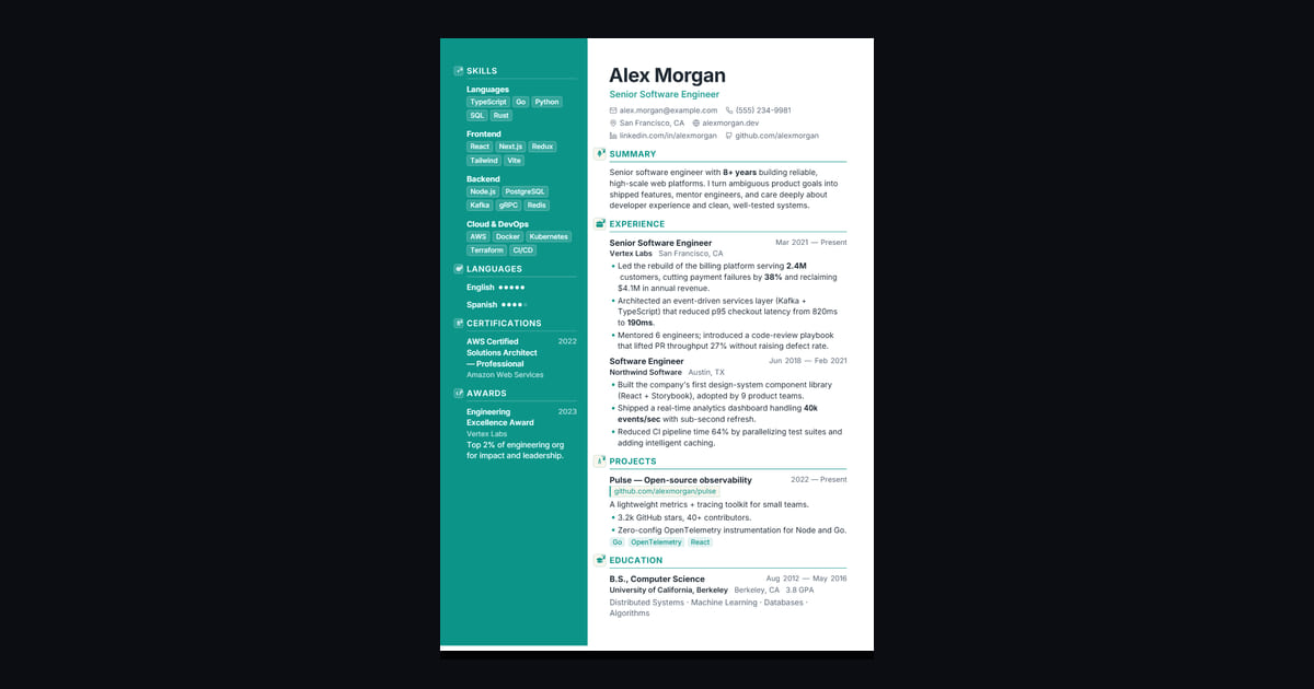 Cascade résumé template: A confident two-column with a deep-teal sidebar carrying your photo, skills and languages, and a clean white…