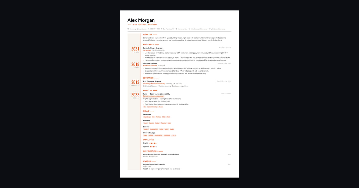 Chronicle résumé template: A ledger: every entry hands its opening year to a tinted rail down the left, set in tall condensed numerals…