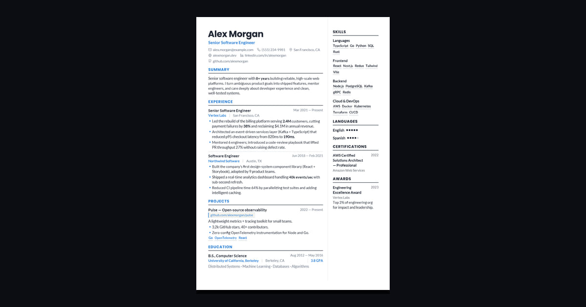Clarity résumé template: The modern professional standard: heavy ruled headings, dotted entry dividers, accent-blue employers, a…