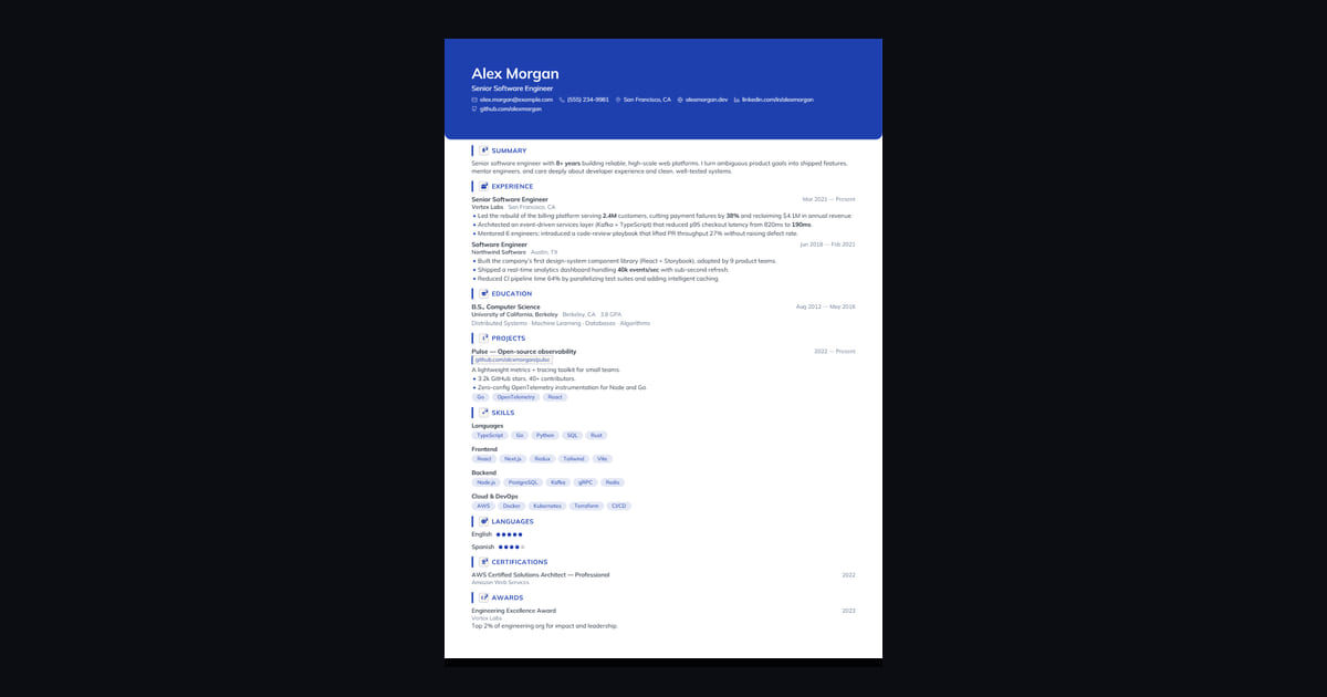 Cobalt résumé template: A bold cobalt banner and crisp tags. Modern and high-energy.