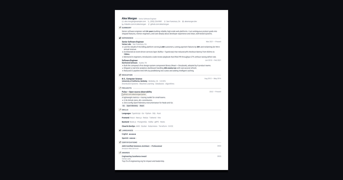 Quartz résumé template: Dense and efficient. Fits a deep career on a single page.