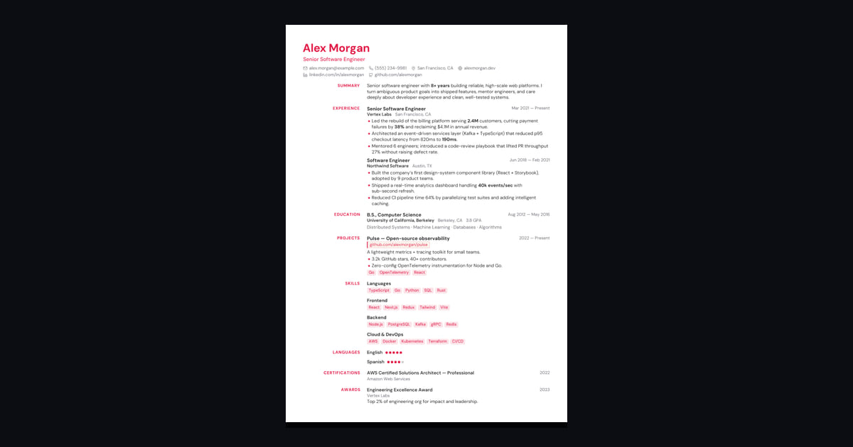 Editorial résumé template: Editorial gutter headings. Magazine-grade structure.