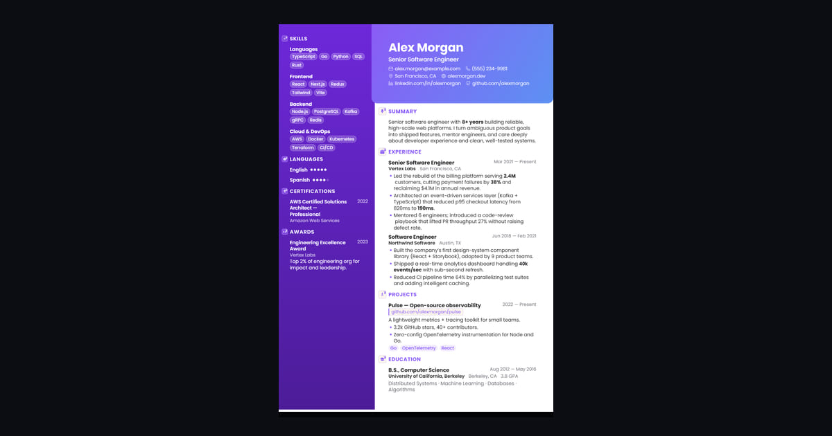 Nova résumé template: Vivid sidebar, photo, and rounded tags. Stand out tastefully.