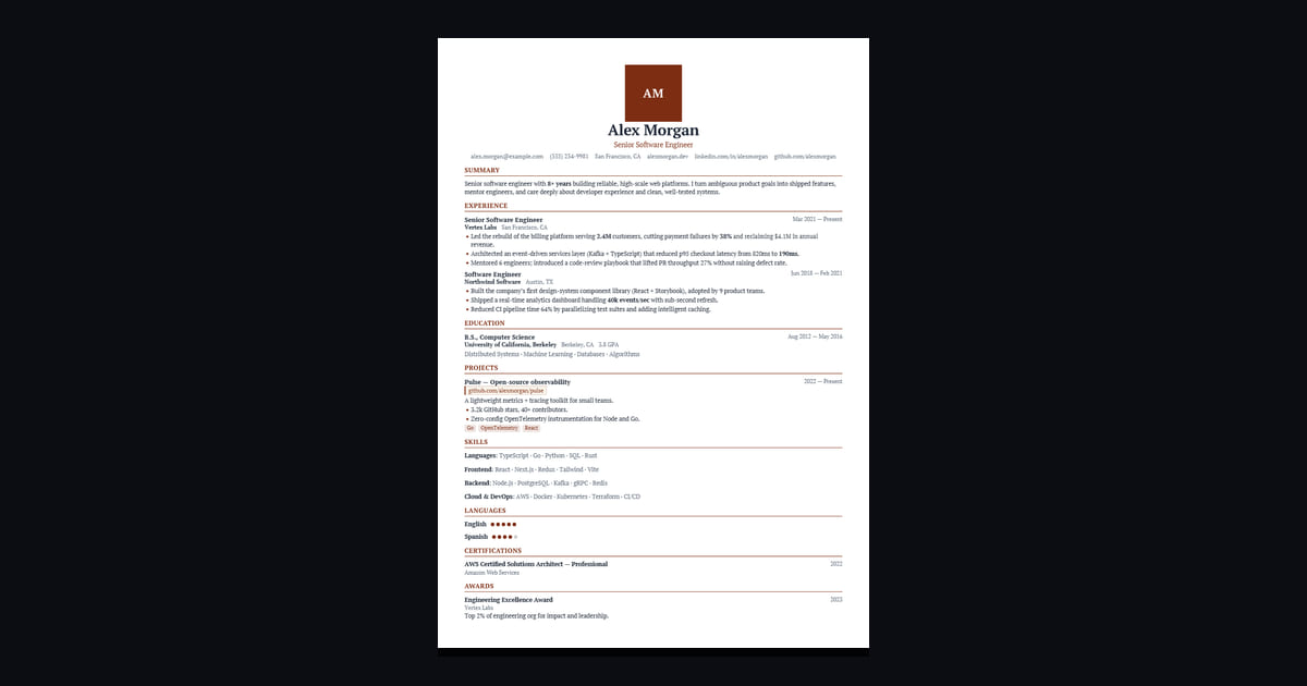 Crest résumé template: Traditional single-column with a squared monogram crest, centered serif name, and ruled headings — formal…