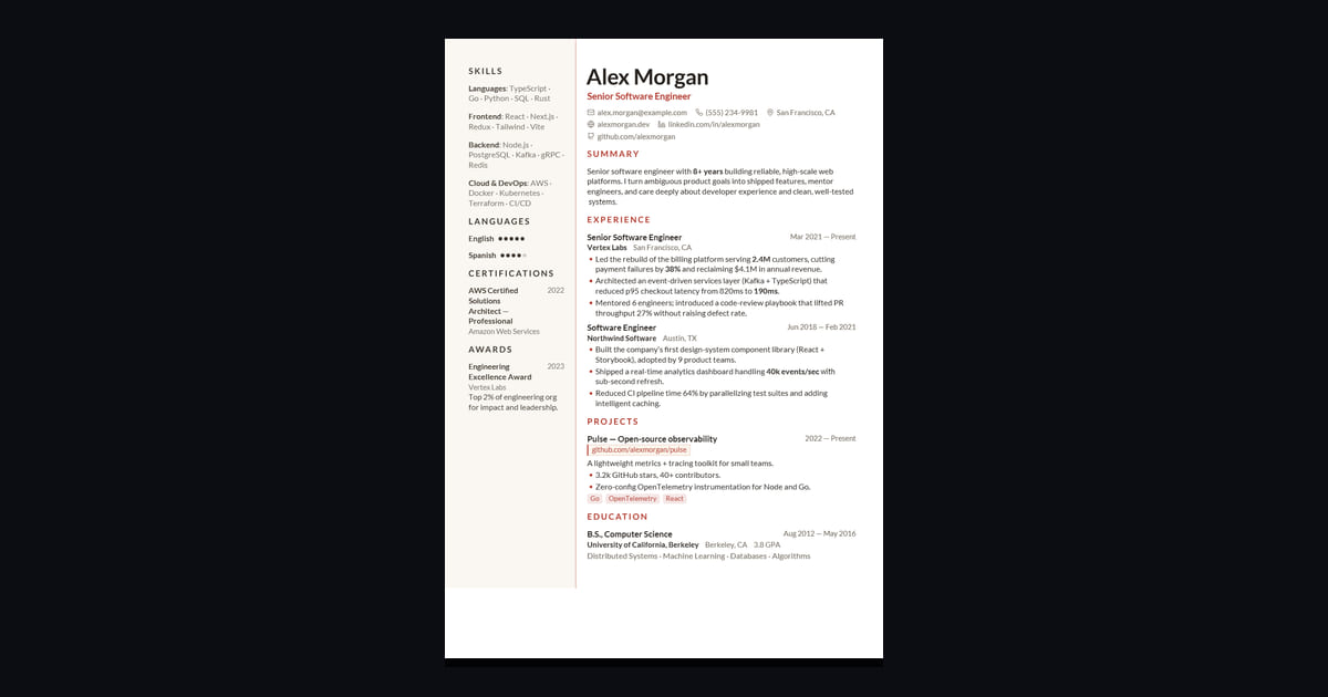 Deedy résumé template: The iconic two-column résumé — tight, bold, and recruiter-loved.