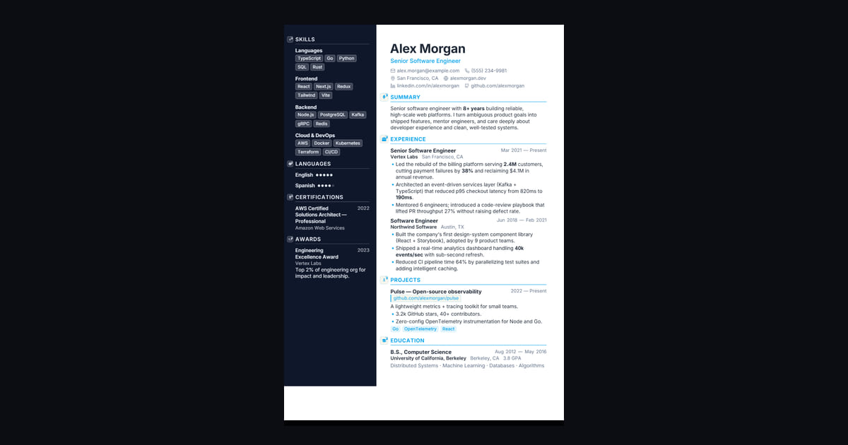 Apex résumé template: Dark sidebar for skills & contact, generous main column for impact.