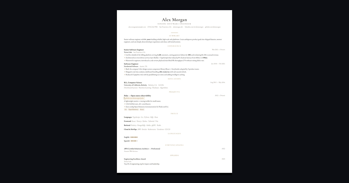 Lumière résumé template: Refined Garamond with airy spacing. Quietly luxurious.
