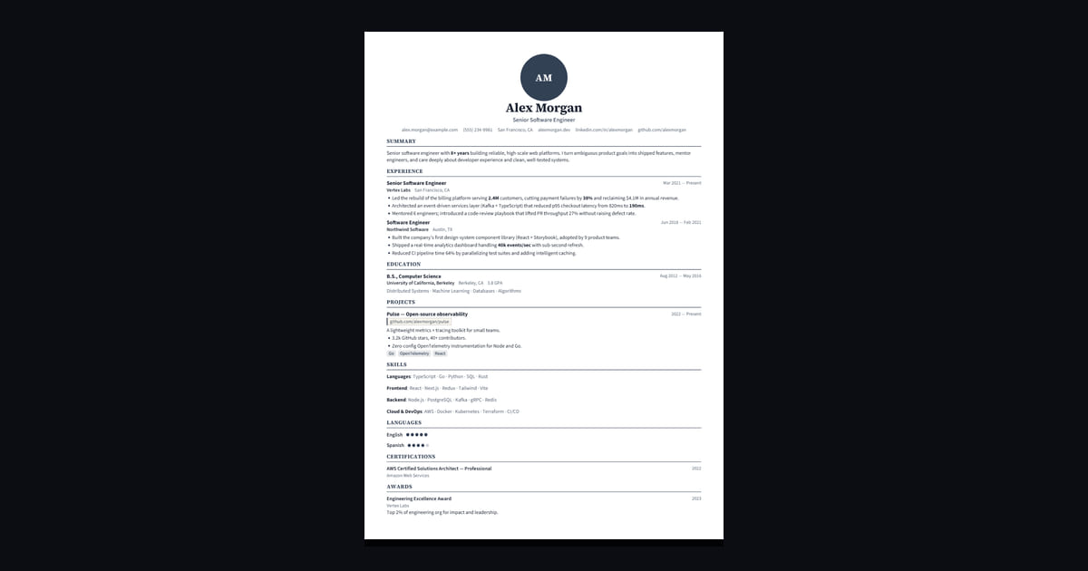 Emblem résumé template: A centered single-column with a circular monogram crest over a tracked serif name — formal, balanced, and…