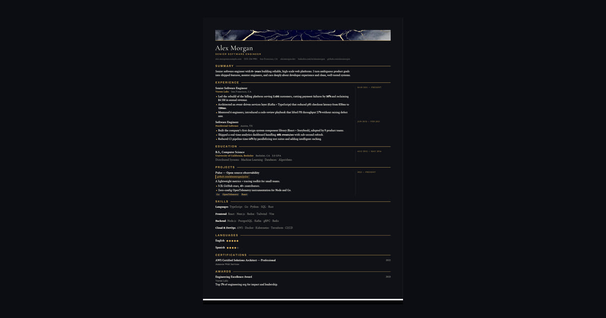 Folio Noir résumé template: A gallery wall: gold on near-black, a band of art behind the name, a hairline running out of every heading…
