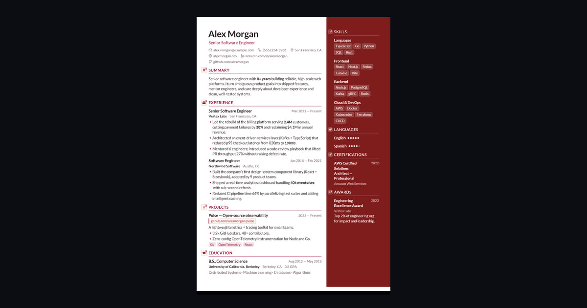 Garnet résumé template: A warm, editorial two-column with a burgundy sidebar on the right, a rounded photo, and bar-meter skills…