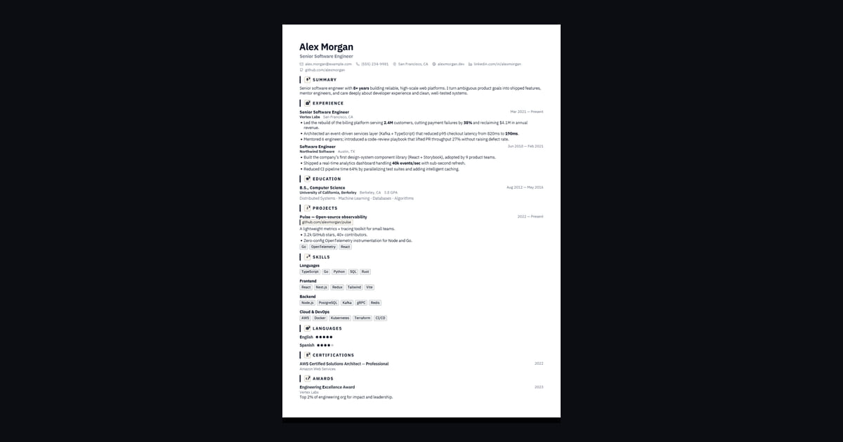 Graphite résumé template: Monochrome ink with accent bars. Sharp, structured, engineer-ready.
