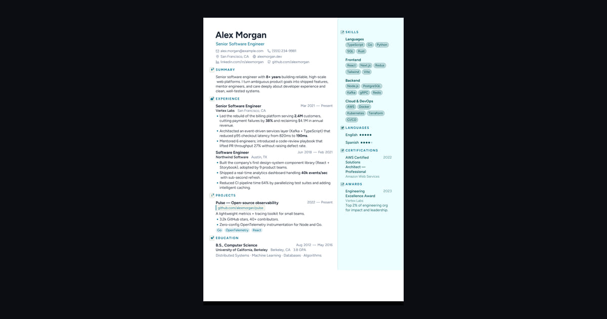 Halcyon résumé template: A calm cyan sidebar with a photo. Friendly, fresh, easy to scan.