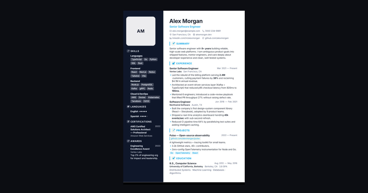 Initials résumé template: Monogram-led two-column: your initials in a diamond badge atop a deep sidebar, with a crisp white main…