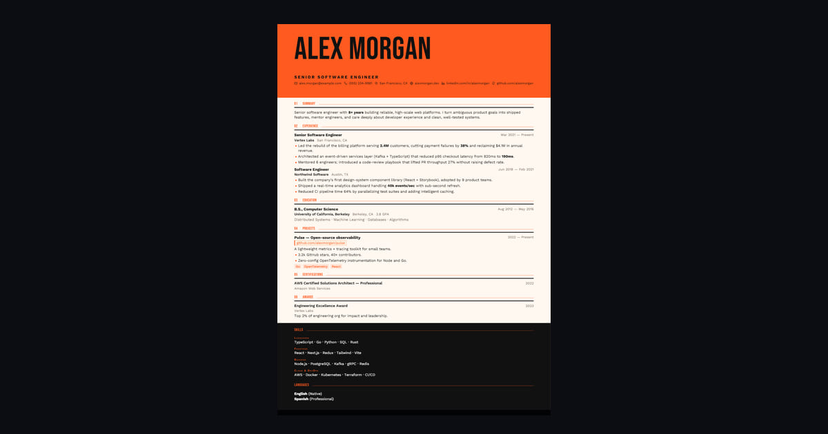 Marquee résumé template: A poster: the name fills an orange block in tall condensed capitals, the body runs in one column beneath…