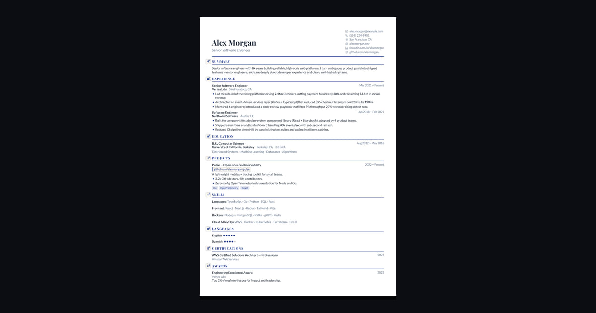 Mercury résumé template: Corporate navy with Playfair headings. Executive and trustworthy.