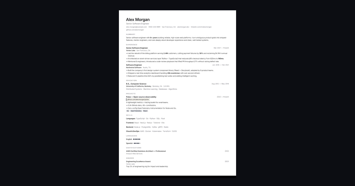 Frost résumé template: Maximum whitespace, no chrome. Lets the words carry the page.