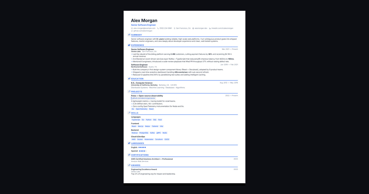 Aria résumé template: Clean single-column with a confident accent. The safe, sharp default.