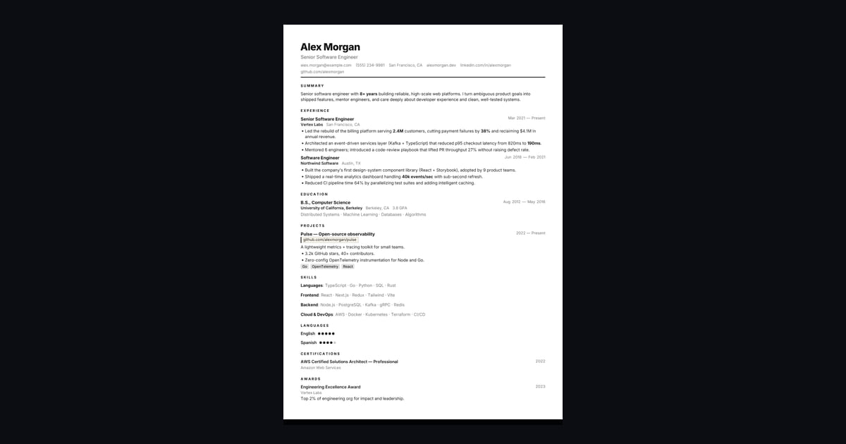 Mono résumé template: Stark black-on-white minimalism. Pure typography, zero noise.