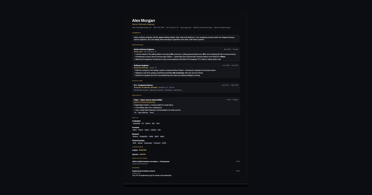 Obsidian résumé template: Layered blacks, tactile entry cards, and tracked gold labels — a dark, luxury-fintech aesthetic. Every word…