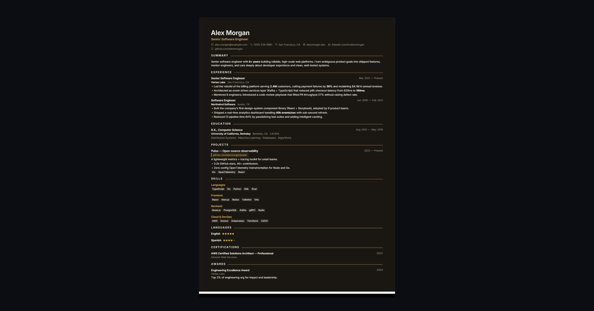 Onyx Gold résumé template: The charcoal résumé in warm gold — the same bold dark canvas with a luxe amber accent. Selectable text…