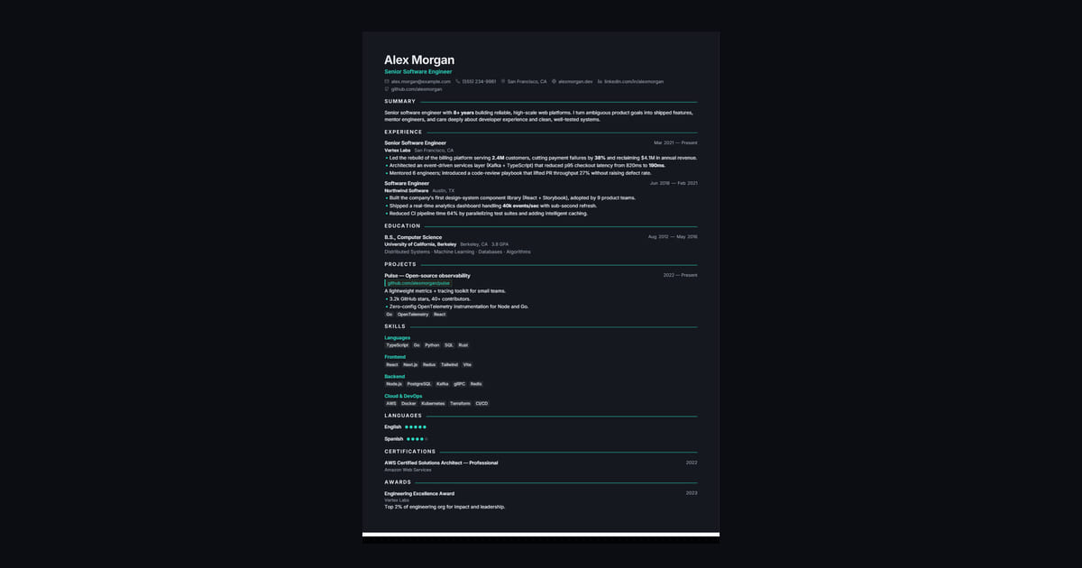 Onyx Noir résumé template: A full-bleed charcoal résumé with an electric-teal accent and crisp white type — the dark, high-contrast…