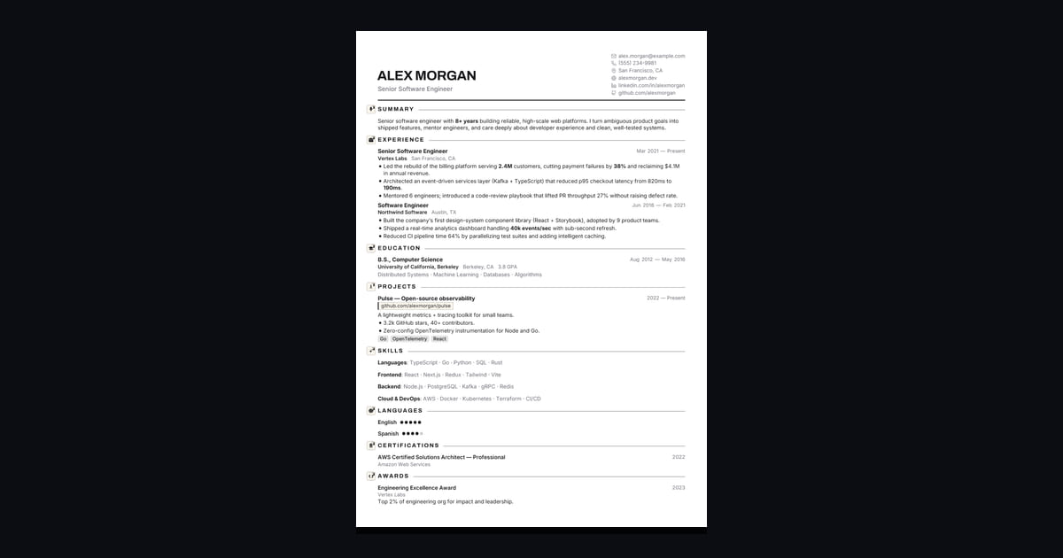 Onyx résumé template: Monochrome and architectural. Quiet confidence in black and white.