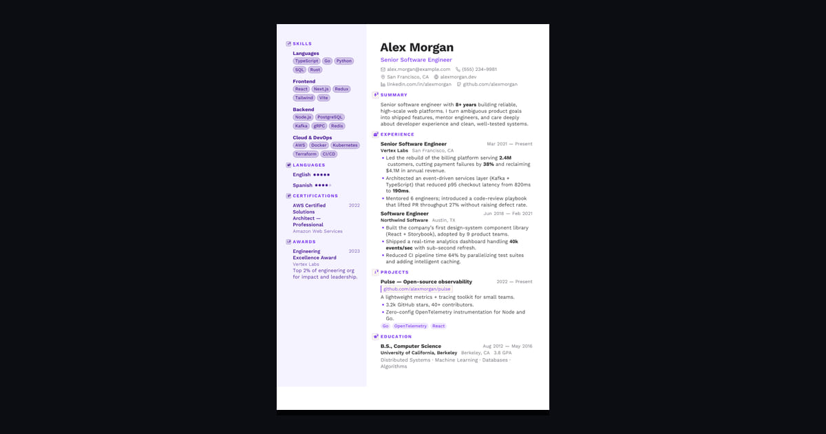Opal résumé template: A soft pastel sidebar with a photo. Calm, polished, approachable.