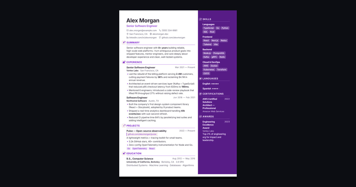 Orchid résumé template: A refined two-column with a plum sidebar on the right, a rounded photo, and bar-meter skills — distinctive…