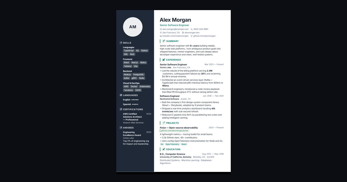 Pinnacle résumé template: Executive two-column: a circular monogram over a charcoal sidebar, dot-meter skills, and a clean main column.