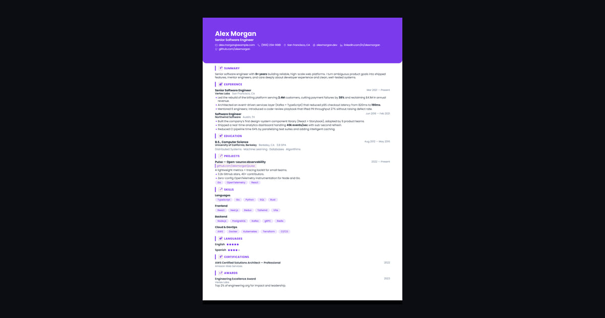 Amethyst résumé template: A full-width violet banner with rounded lower corners, and skills in matching pills. Bold and confident.