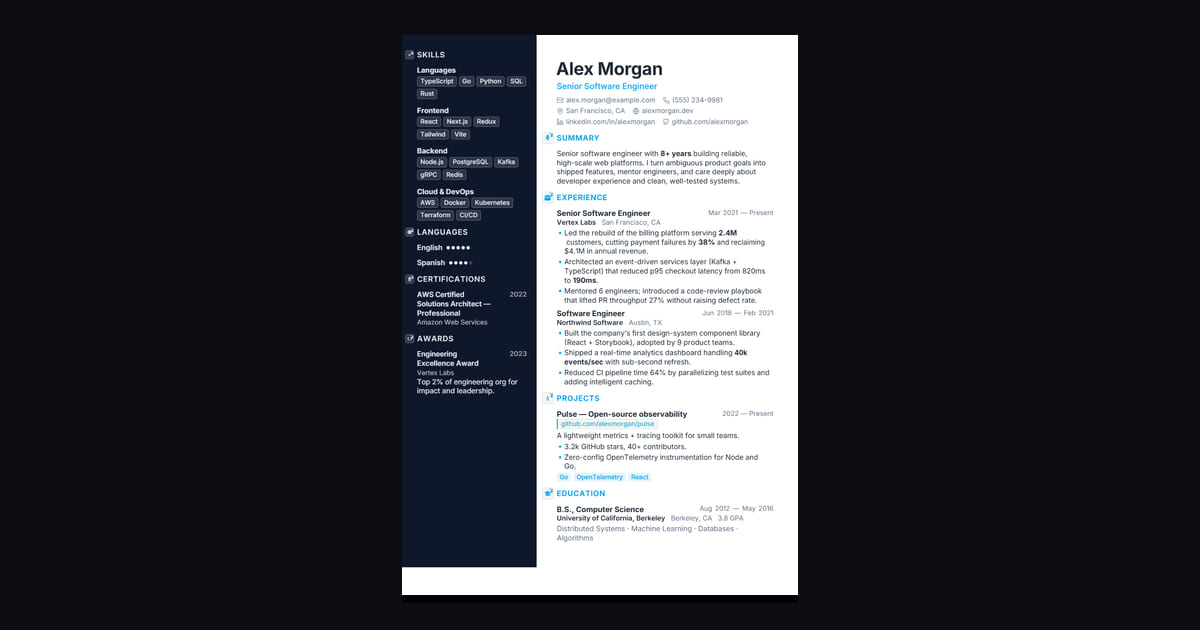 Portrait résumé template: Photo-forward with a deep sidebar. A personal, memorable first impression.
