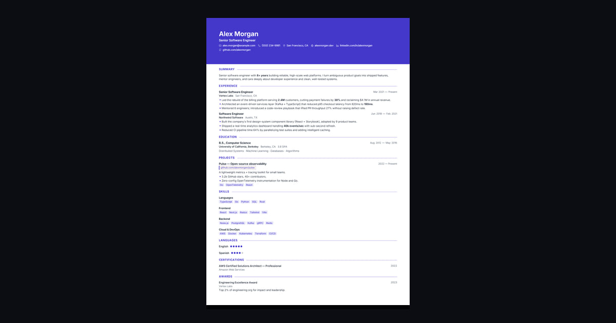 Ribbon résumé template: A bold full-width color banner masthead over a clean single column — striking and modern, every word still…