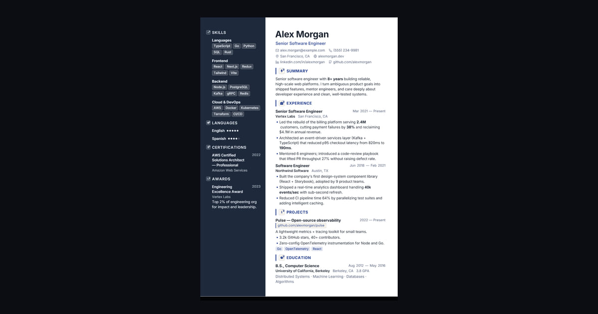 Sapphire résumé template: Corporate two-column with a deep-navy sidebar, a squared photo, and dot-meter skills — the polished…