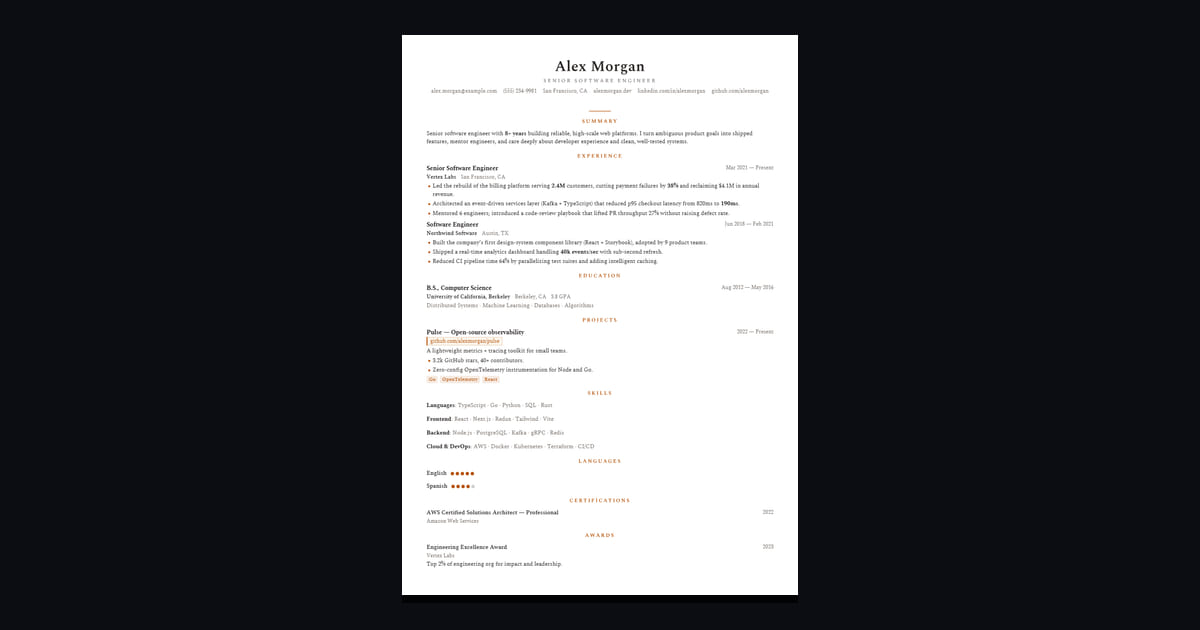 Sienna résumé template: Warm Spectral serif with terracotta accents. Editorial and inviting.