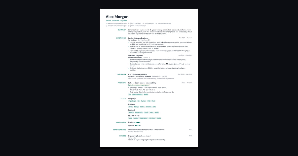 Slate résumé template: Editorial gutter headings in cool teal. Quiet, confident, modern.