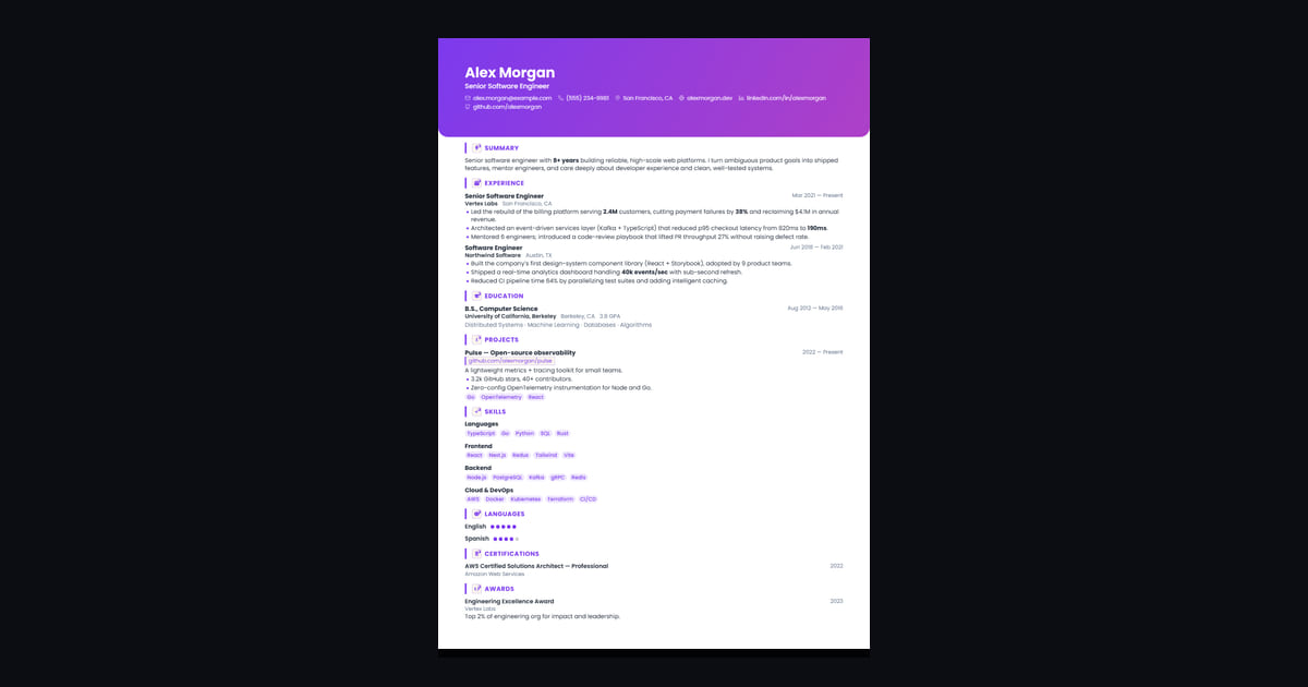 Spotlight résumé template: A bold color banner with your photo. Confident and contemporary.