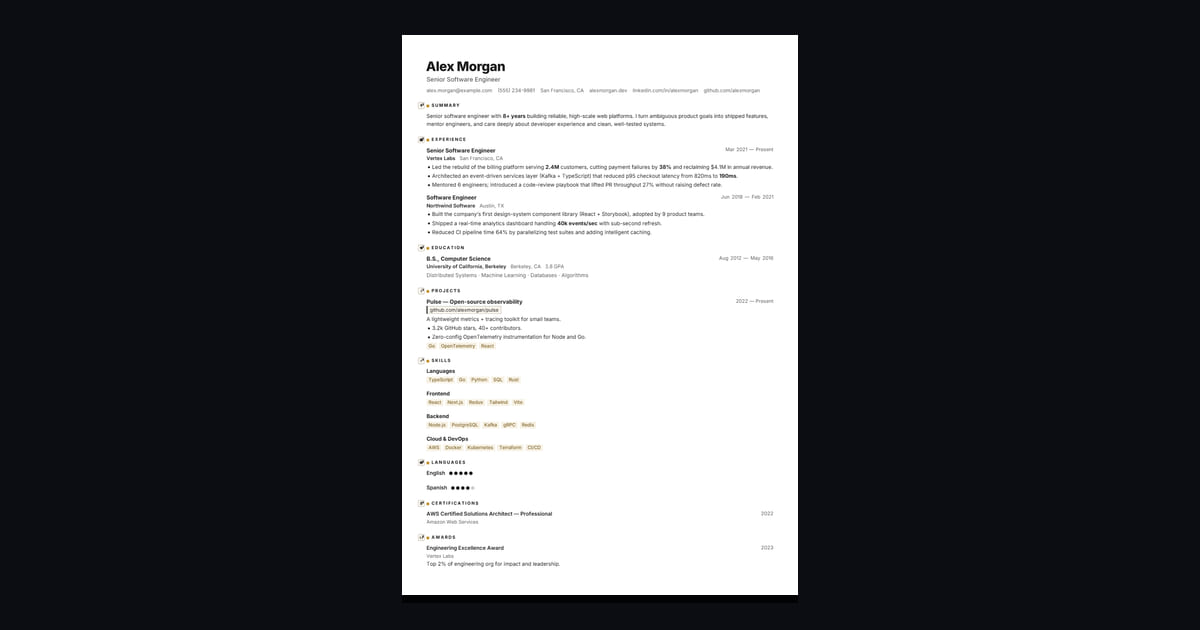 Swiss Aurum résumé template: Swiss-modernist grid: Inter, generous white space, tracked caps labels with a gold tick. Crisp…