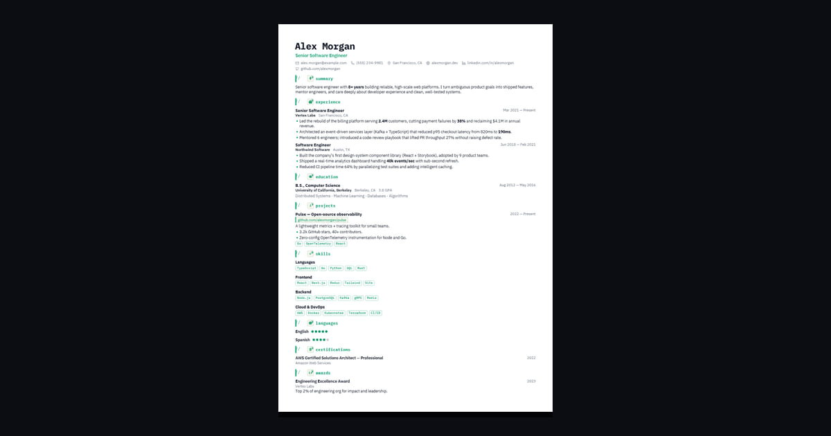 Terminal résumé template: Monospace headings and skill tags. Built for engineers.