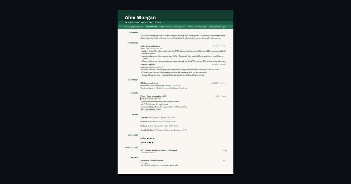 Terrace résumé template: Three steps of green carry the name, the role and the contacts across the top of the page, and beneath them…