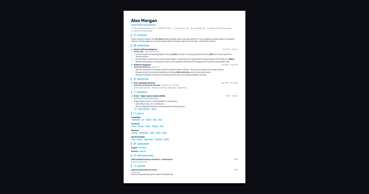 Vertex résumé template: A vertical timeline rail threads your experience into a story.