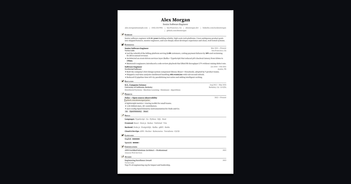Vector résumé template: The beloved single-column tech format (Jake's Resume lineage): small-caps ruled headings, italic roles…