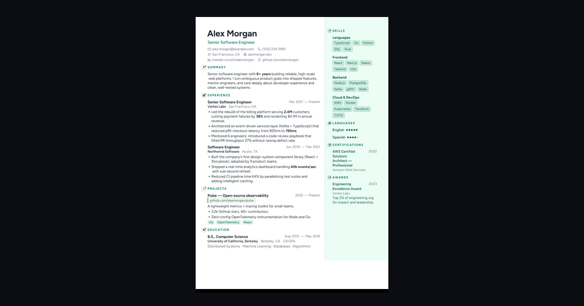 Verdant résumé template: A calm green sidebar. Fresh, friendly, and easy to read.
